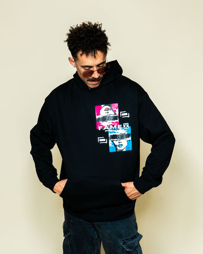 Electric Jane Doe Warhol style pop art hoodie on model | F.A.M.E. X streetwear