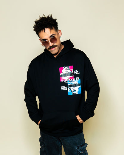 Electric Jane Doe Warhol style pop art hoodie on model | F.A.M.E. X streetwear
