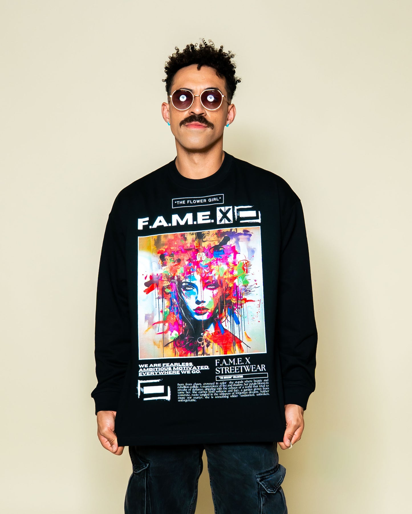 The Flower Girl flower crown pop art portrait long sleeve shirt on model | F.A.M.E. X streetwear