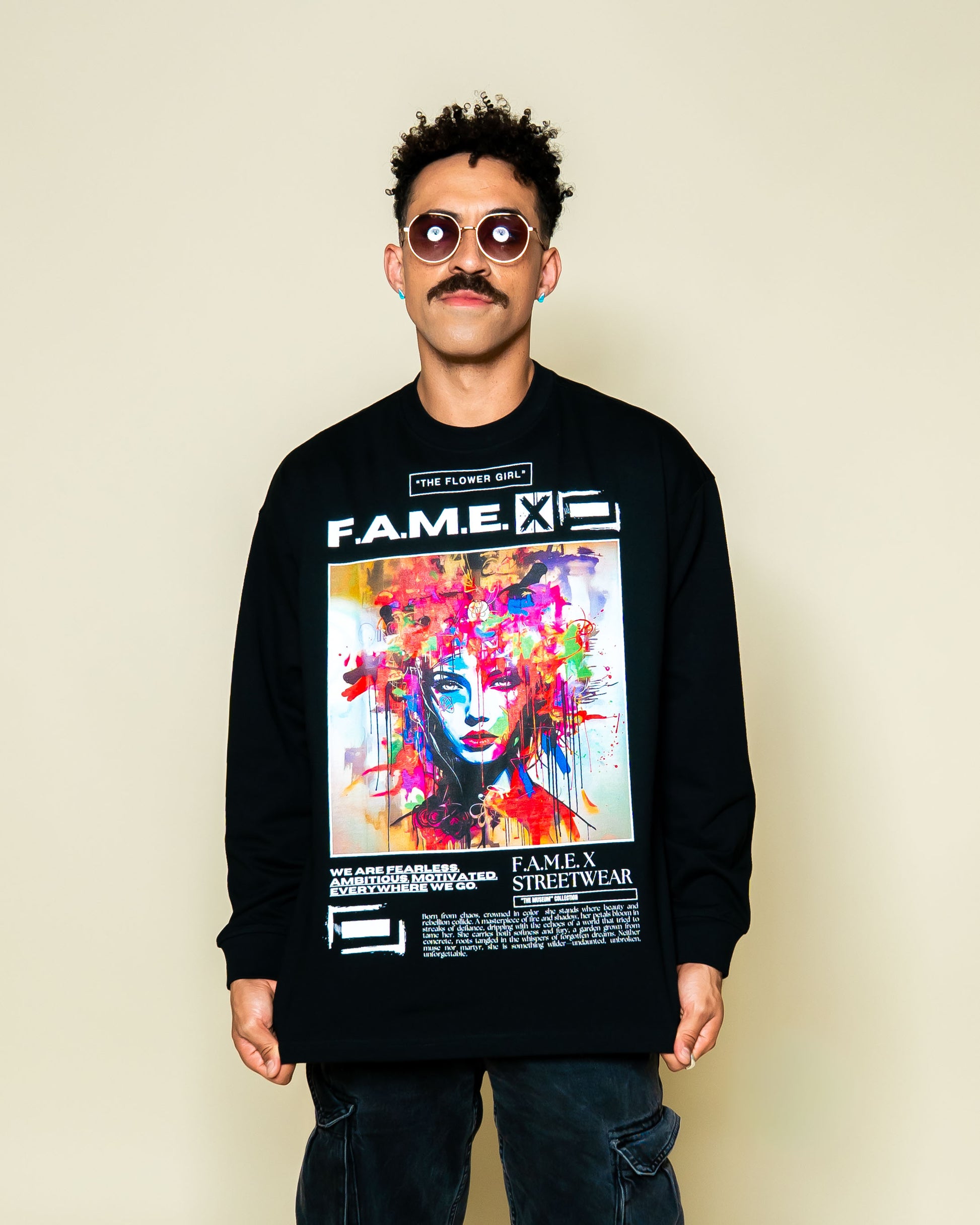 The Flower Girl flower crown pop art portrait long sleeve shirt on model | F.A.M.E. X streetwear