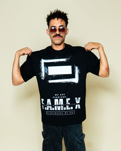 F.A.M.E. X broken frame logo graphic tee shirt on model | F.A.M.E. X streetwear