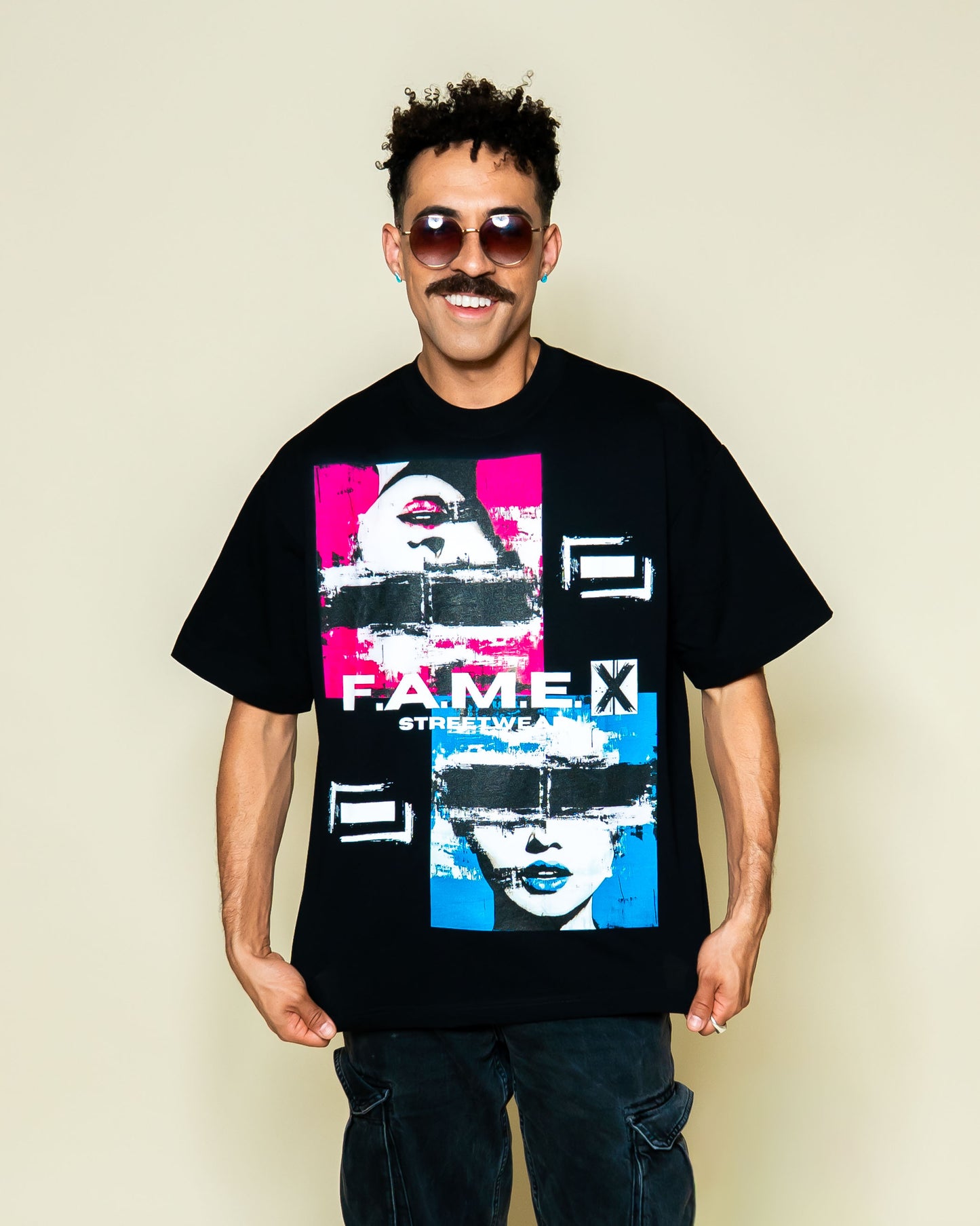 Electric Jane Doe Warhol style pop art graphic tee shirt on model | F.A.M.E. X streetwear