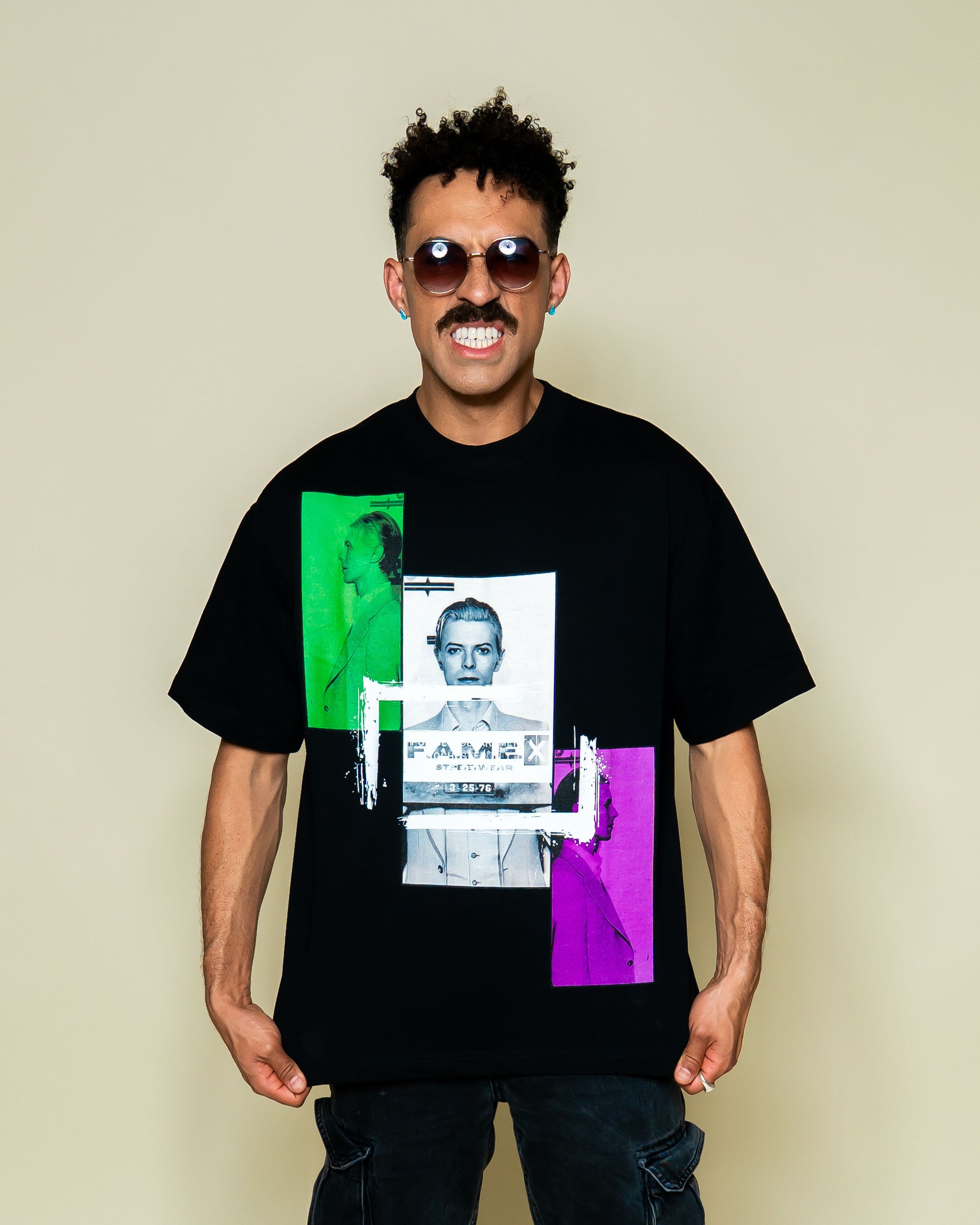 David Bowie 1976 mugshot parody art graphic tee shirt on model | F.A.M.E. X streetwear