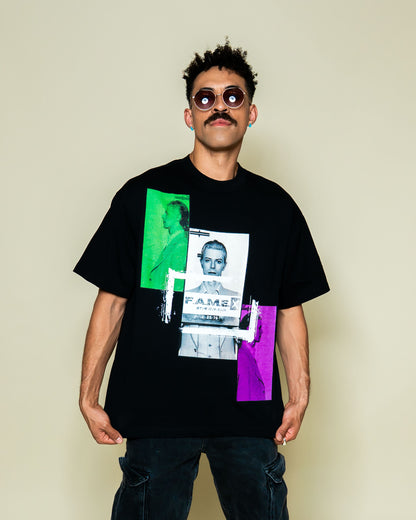 David Bowie 1976 mugshot parody art graphic tee shirt on model | F.A.M.E. X streetwear