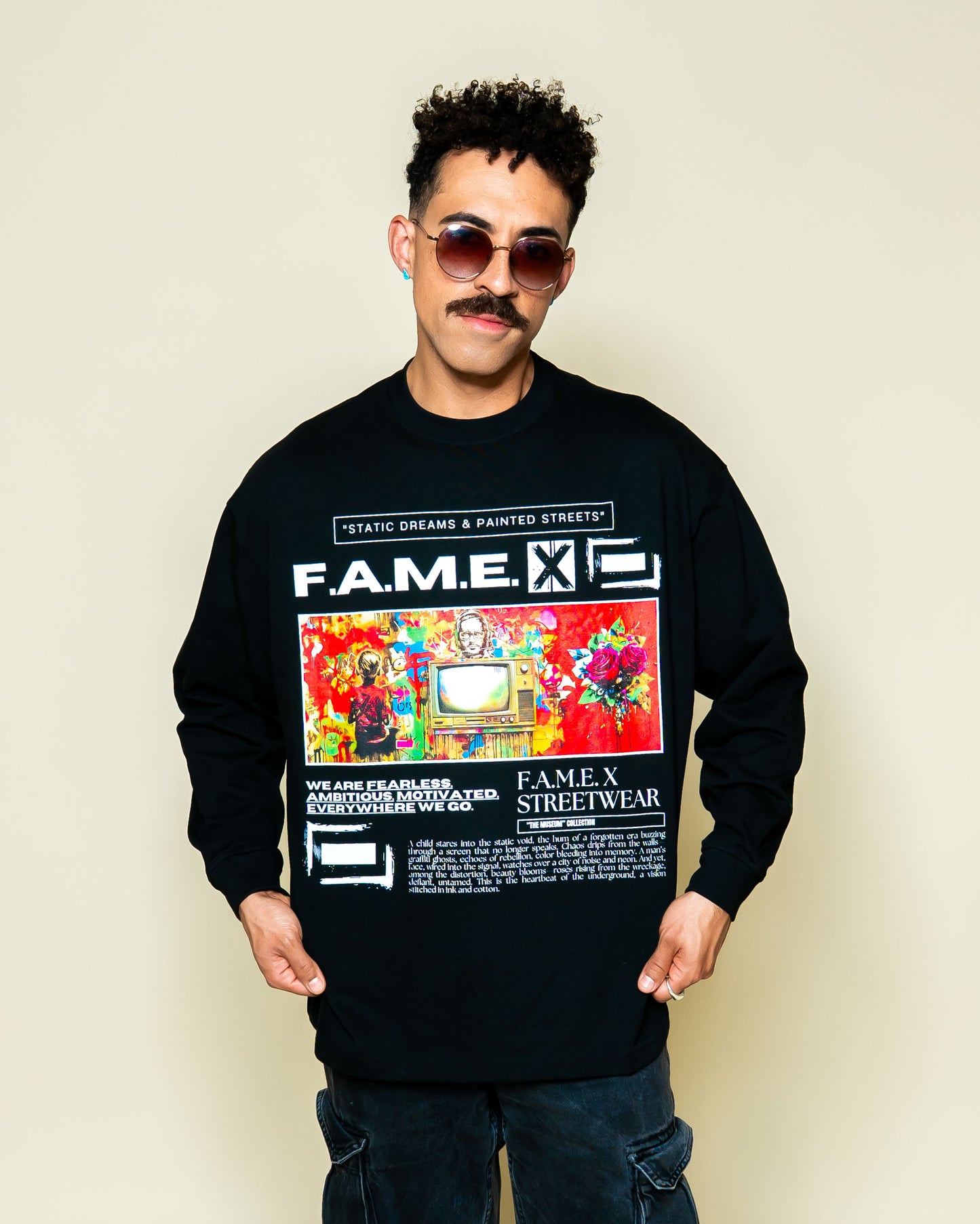 Static Dreams retro TV static pop art long sleeve shirt on model | F.A.M.E. X streetwear