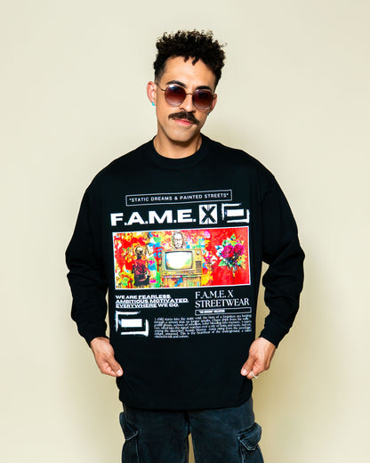 Static Dreams retro TV static pop art long sleeve shirt on model | F.A.M.E. X streetwear