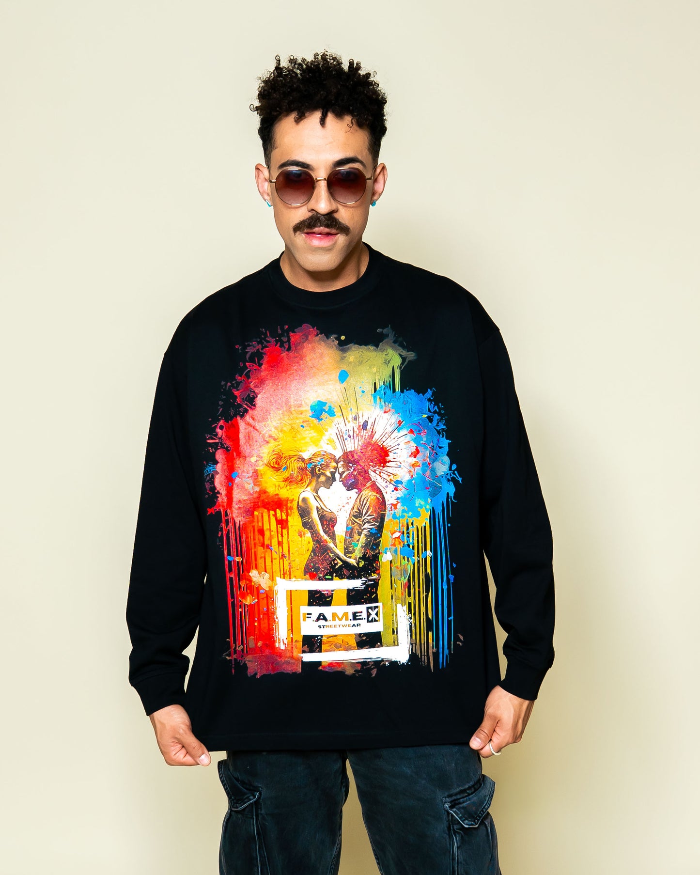 Blown Away pop art couple explosion long sleeve shirt on model | F.A.M.E. X streetwear