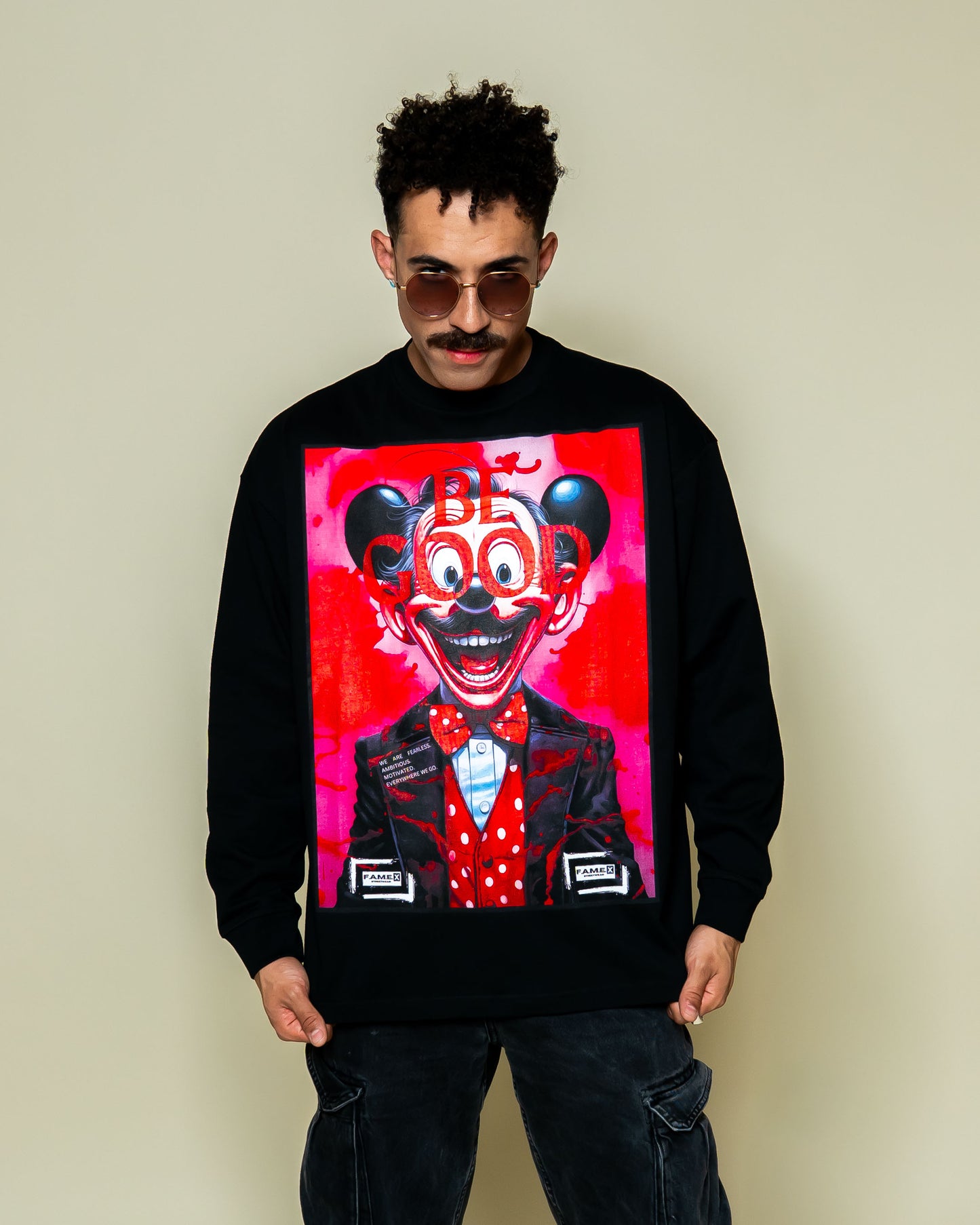 BE GOOD horror pop cartoon mascot parody art long sleeve shirt on model | F.A.M.E. X streetwear