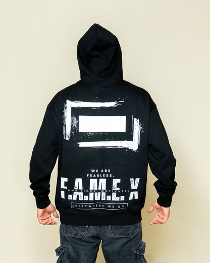 F.A.M.E. X broken frame logo hoodie on model | F.A.M.E. X streetwear