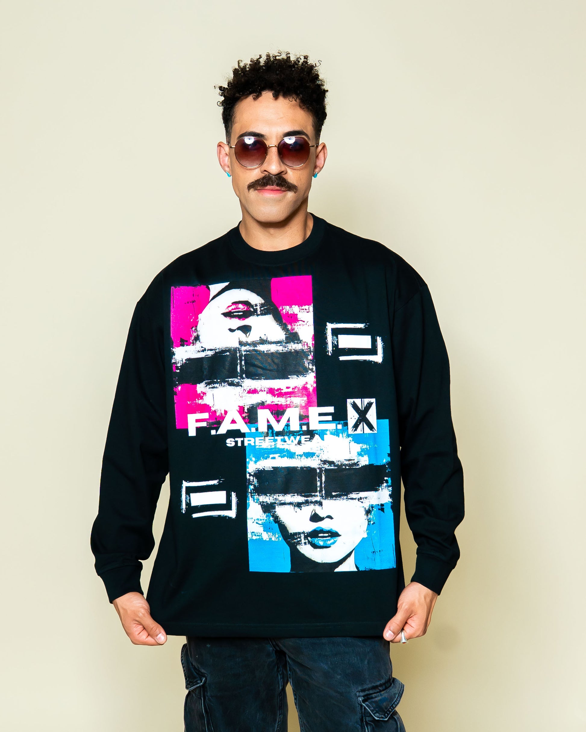 Electric Jane Doe Warhol style pop art long sleeve shirt on model | F.A.M.E. X streetwear