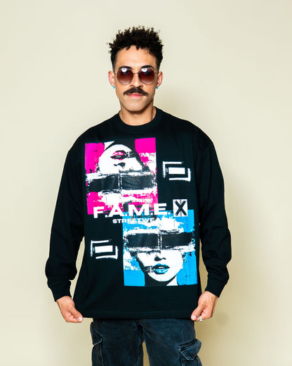 Electric Jane Doe Warhol style pop art long sleeve shirt on model | F.A.M.E. X streetwear