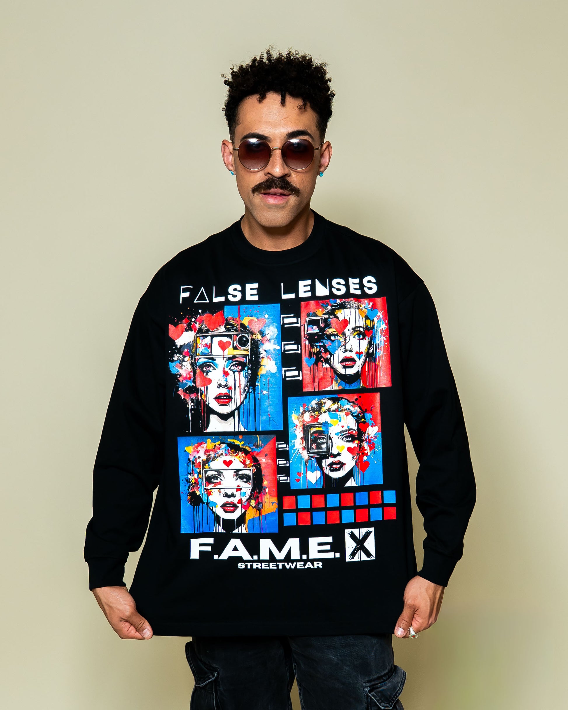False Lenses pop surrealism lashes portrait long sleeve shirt on model | F.A.M.E. X streetwear