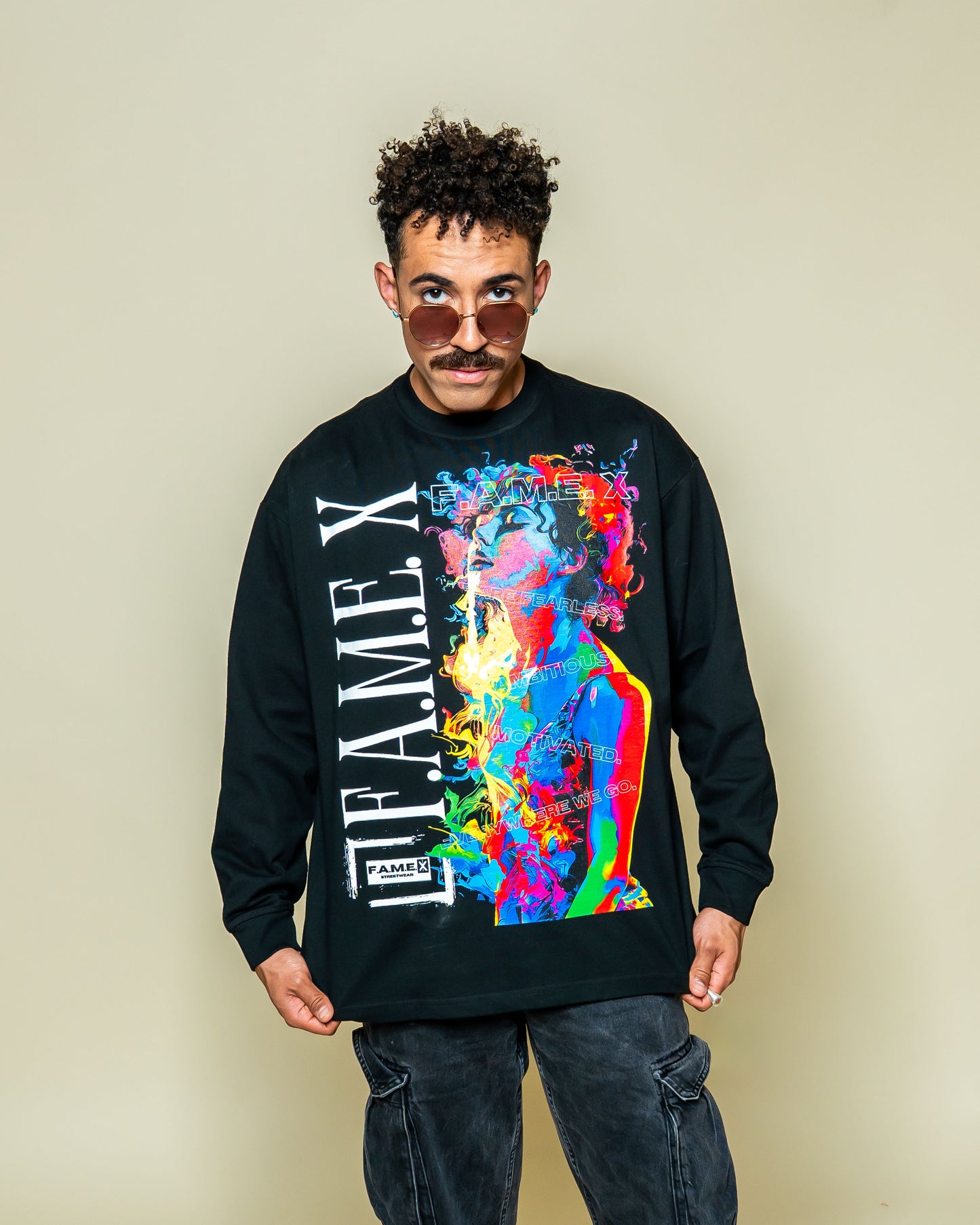 Smoker Girl pop art smoke portrait long sleeve shirt on model | F.A.M.E. X streetwear