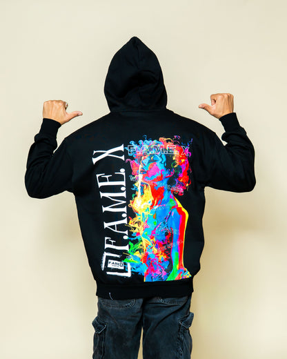 Smoker Girl pop art smoke portrait hoodie on model | F.A.M.E. X streetwear