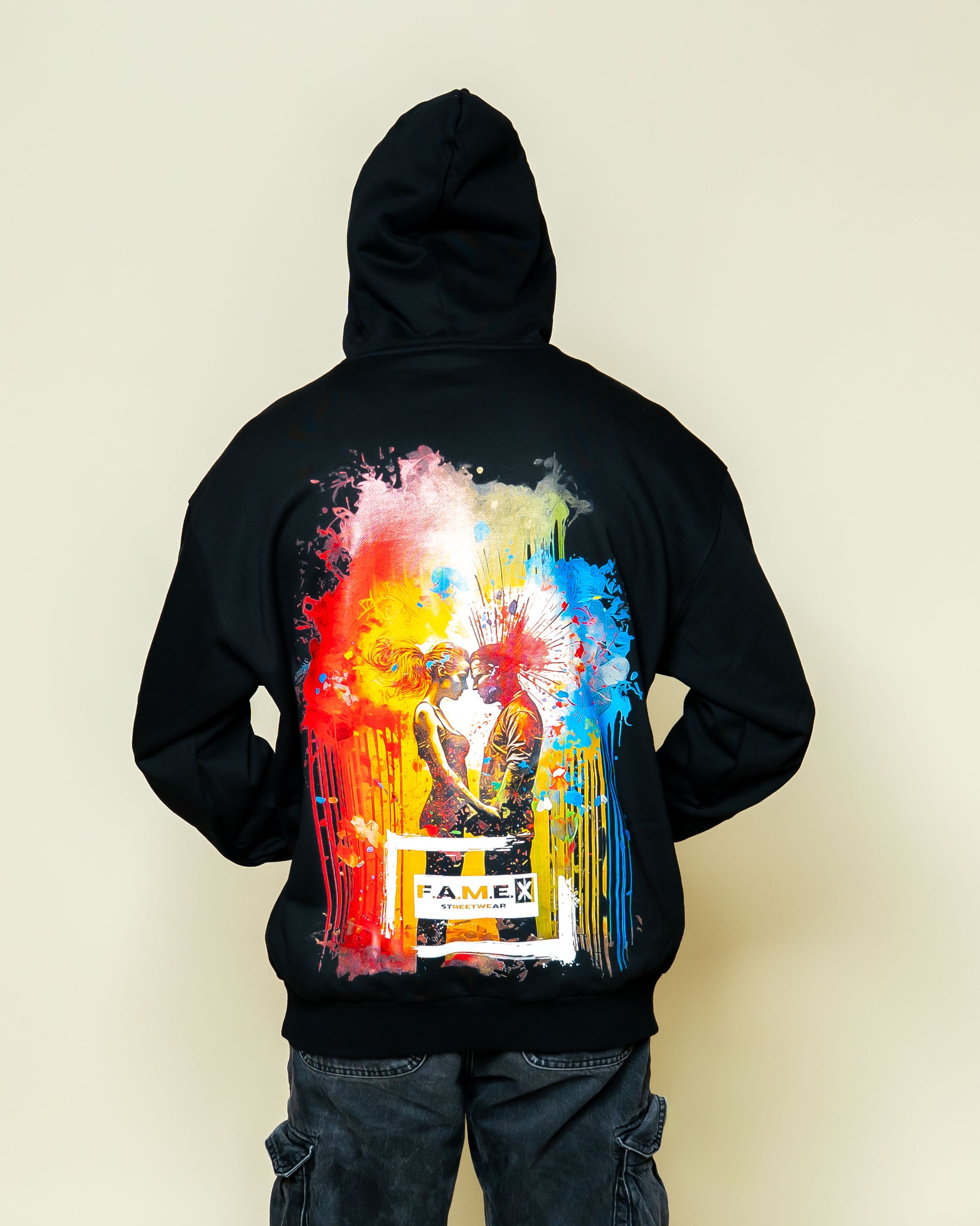 Blown Away pop art couple explosion hoodie on model | F.A.M.E. X streetwear
