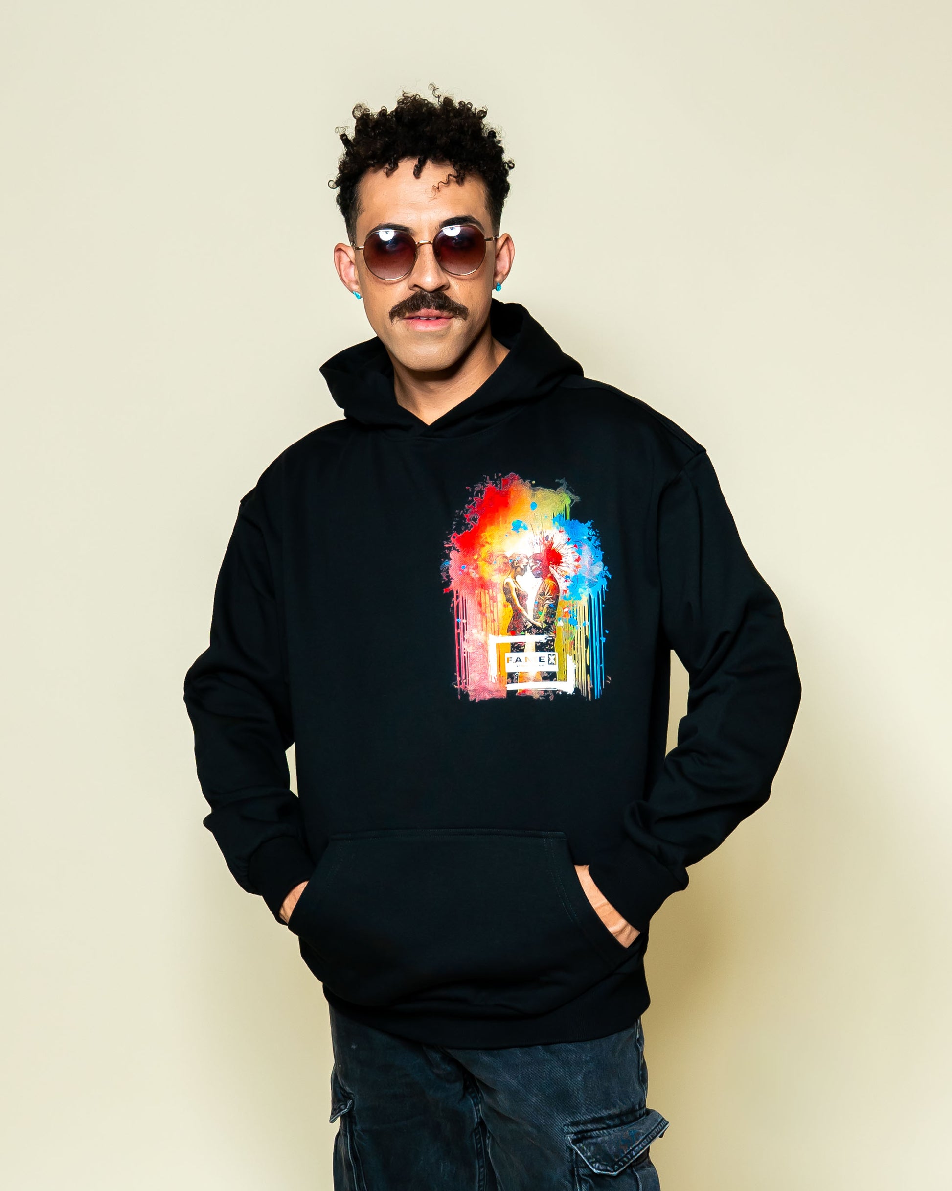 Blown Away pop art couple explosion hoodie on model | F.A.M.E. X streetwear