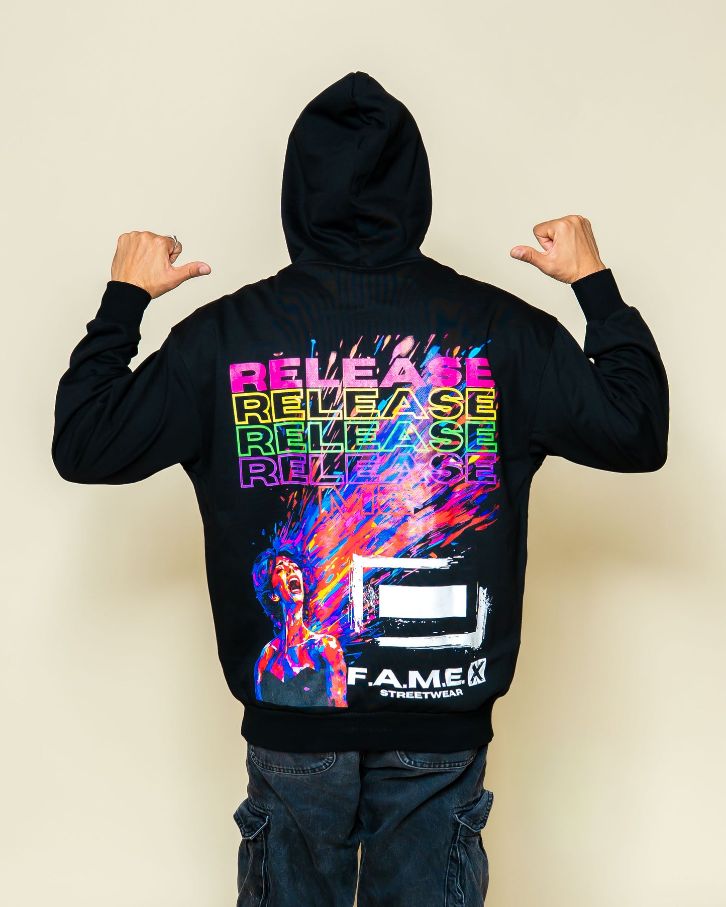 Release Me expressionist catharsis pop art hoodie on model | F.A.M.E. X streetwear