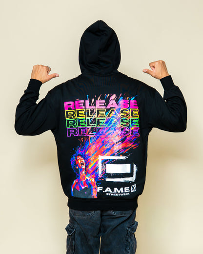 Release Me expressionist catharsis pop art hoodie on model | F.A.M.E. X streetwear