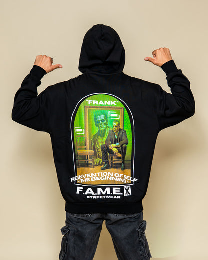 Frank Frankenstein parody art hoodie on model | F.A.M.E. X streetwear