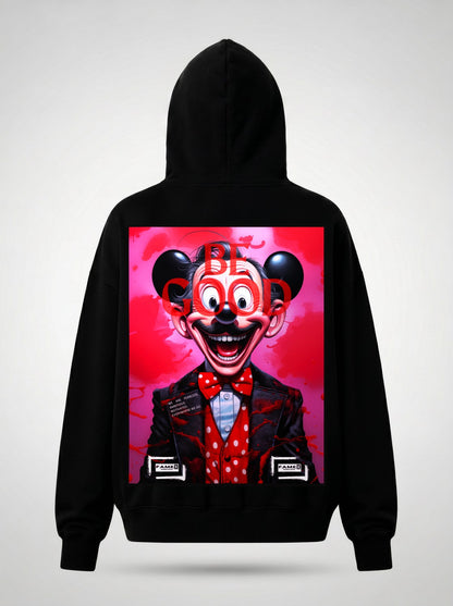 BE GOOD horror pop cartoon mascot parody art hoodie back print view, in black | F.A.M.E. X streetwear