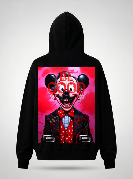BE GOOD horror pop cartoon mascot parody art hoodie back print view, in black | F.A.M.E. X streetwear