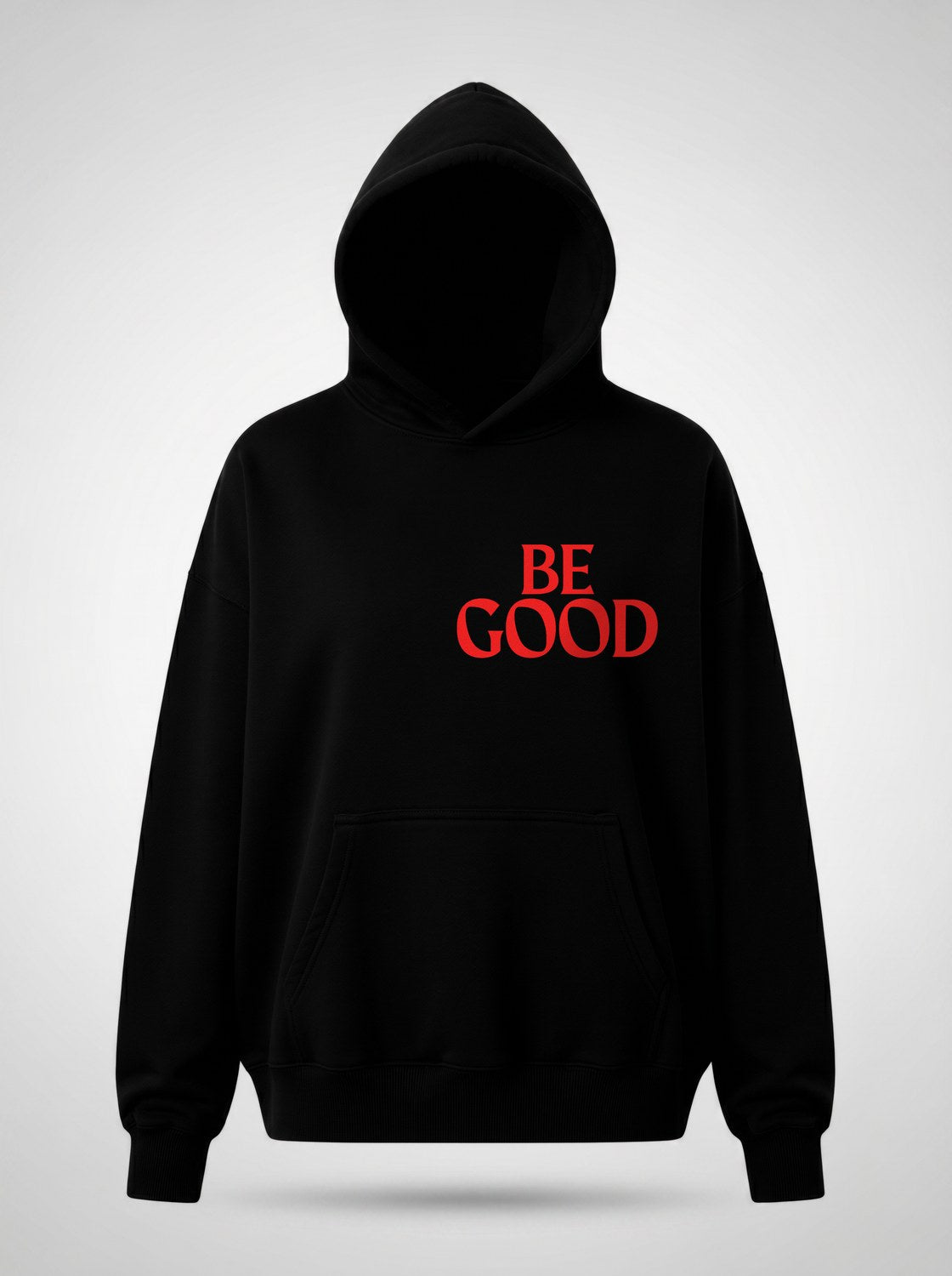 BE GOOD horror pop cartoon mascot parody art hoodie front view, in black | F.A.M.E. X streetwear