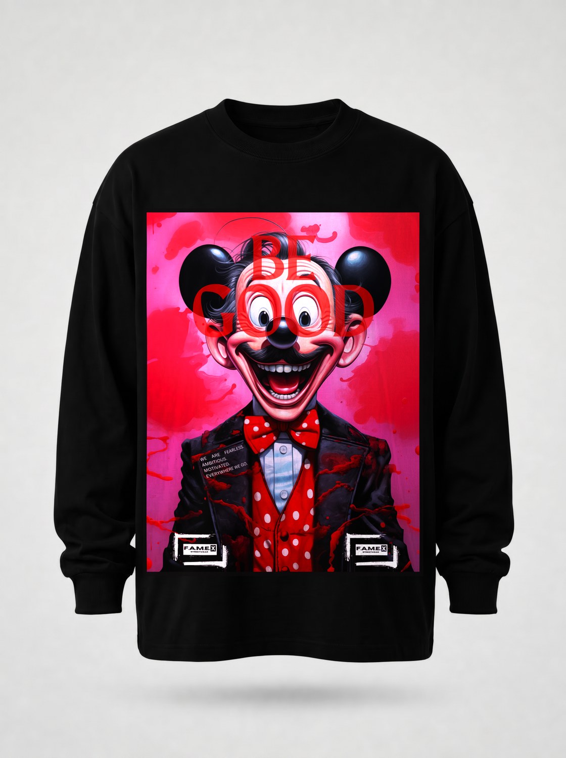 BE GOOD horror pop cartoon mascot parody art long sleeve shirt in black | F.A.M.E. X streetwear