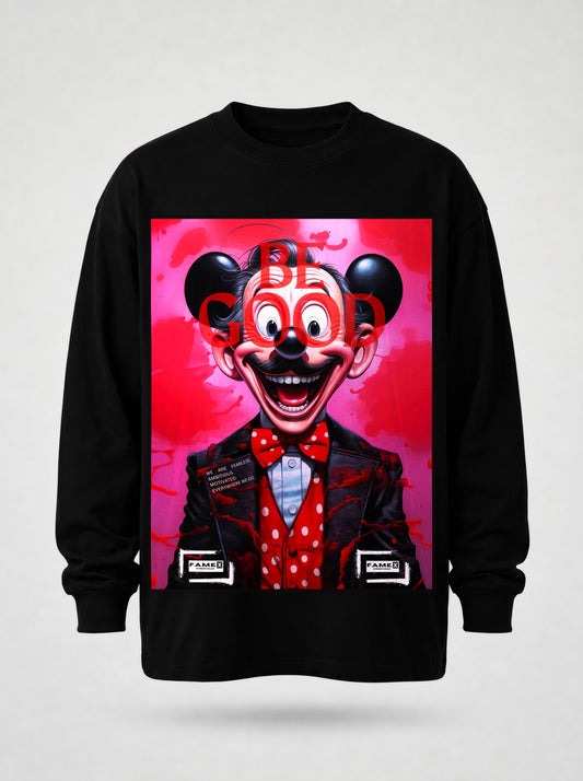 BE GOOD horror pop cartoon mascot parody art long sleeve shirt in black | F.A.M.E. X streetwear