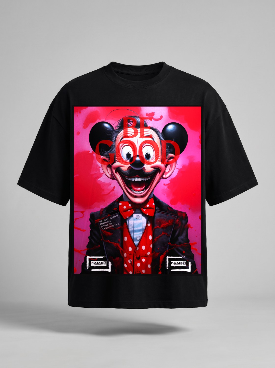 BE GOOD horror pop cartoon mascot parody art graphic tee shirt in black | F.A.M.E. X streetwear