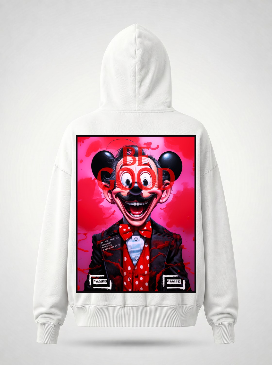 BE GOOD horror pop cartoon mascot parody art hoodie back print view, in white | F.A.M.E. X streetwear
