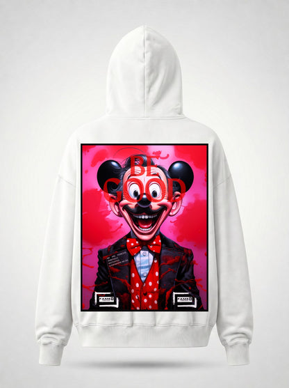 BE GOOD horror pop cartoon mascot parody art hoodie back print view, in white | F.A.M.E. X streetwear