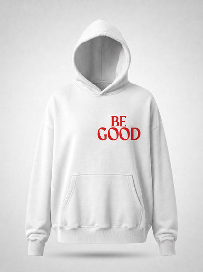 BE GOOD horror pop cartoon mascot parody art hoodie front view, in white | F.A.M.E. X streetwear