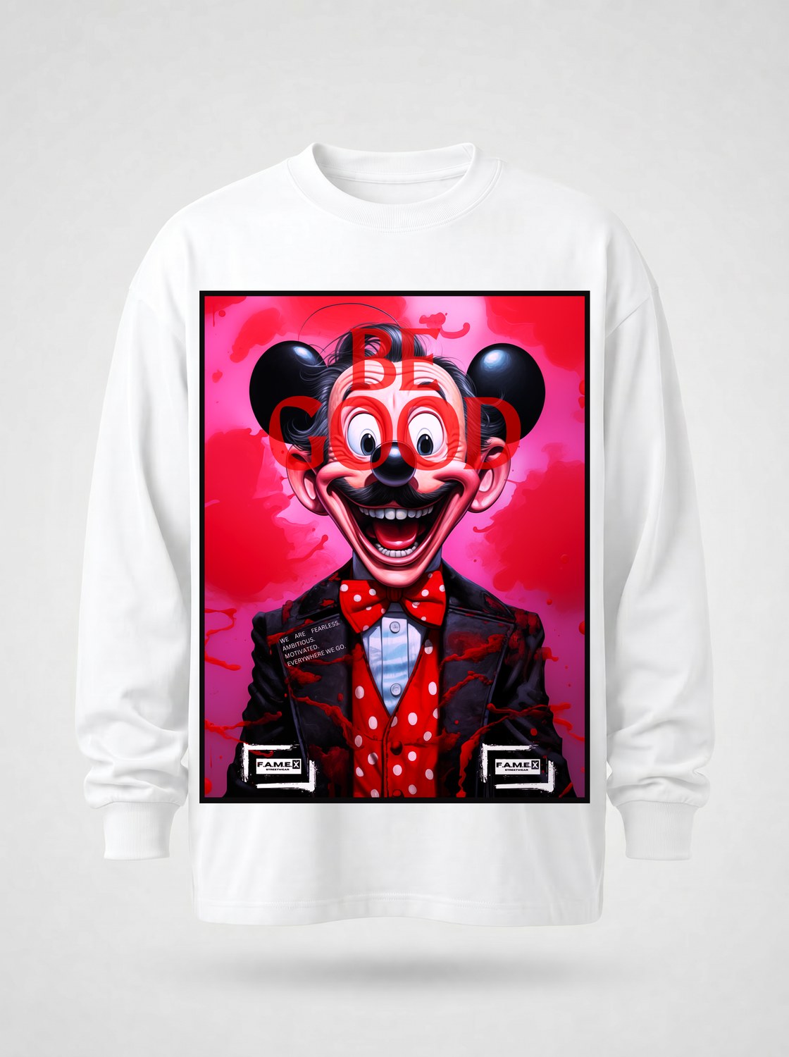 BE GOOD horror pop cartoon mascot parody art long sleeve shirt in white | F.A.M.E. X streetwear