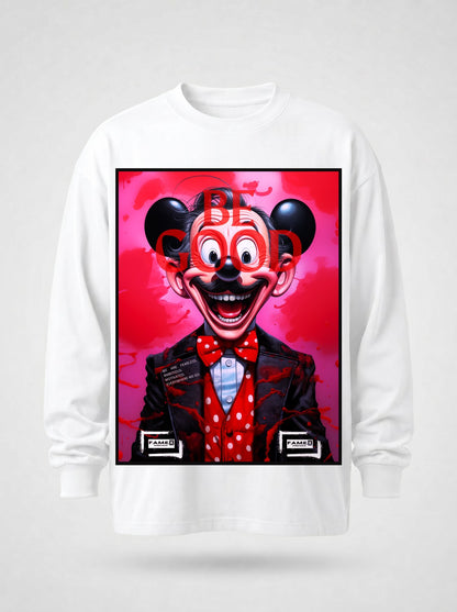 BE GOOD horror pop cartoon mascot parody art long sleeve shirt in white | F.A.M.E. X streetwear