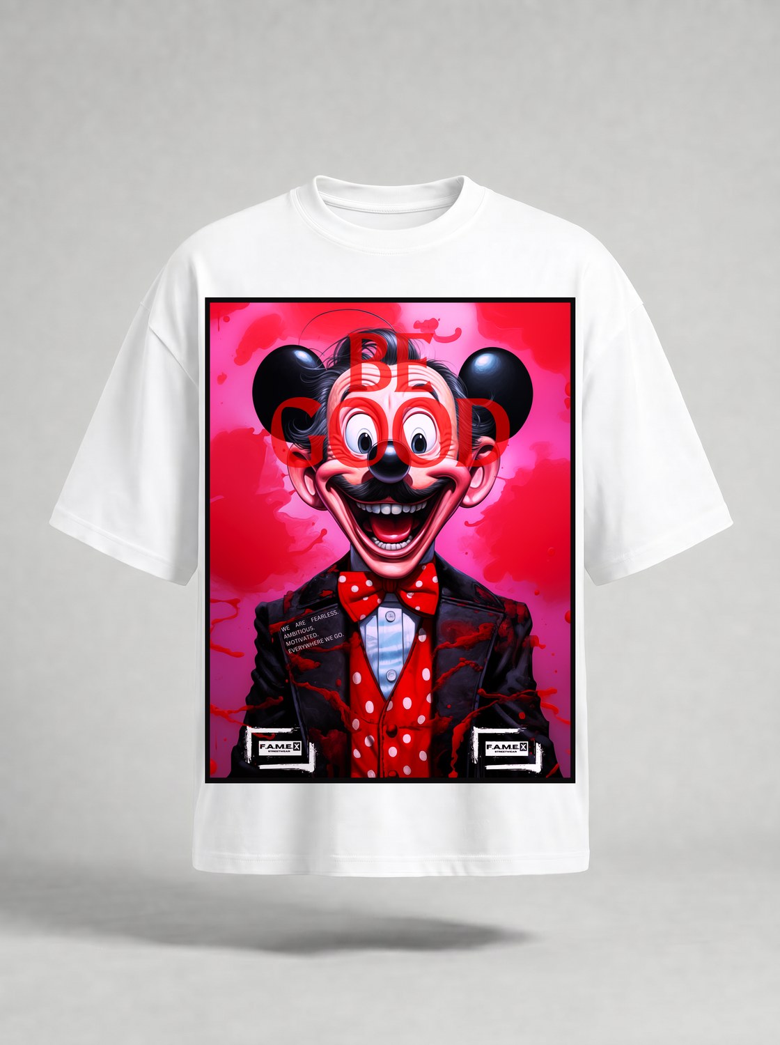 BE GOOD horror pop cartoon mascot parody art graphic tee shirt in white | F.A.M.E. X streetwear