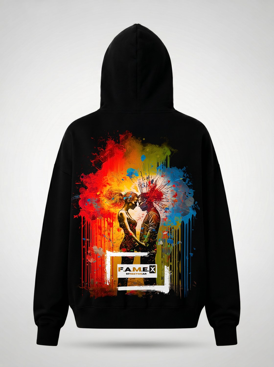 Blown Away pop art couple explosion hoodie back print view, in black | F.A.M.E. X streetwear