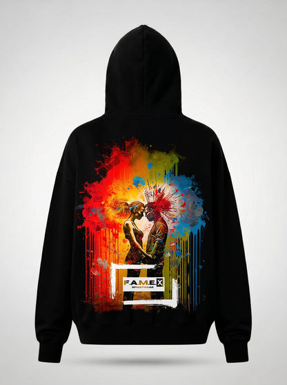 Blown Away pop art couple explosion hoodie back print view, in black | F.A.M.E. X streetwear