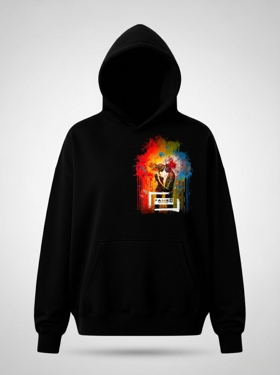 Blown Away pop art couple explosion hoodie front view, in black | F.A.M.E. X streetwear