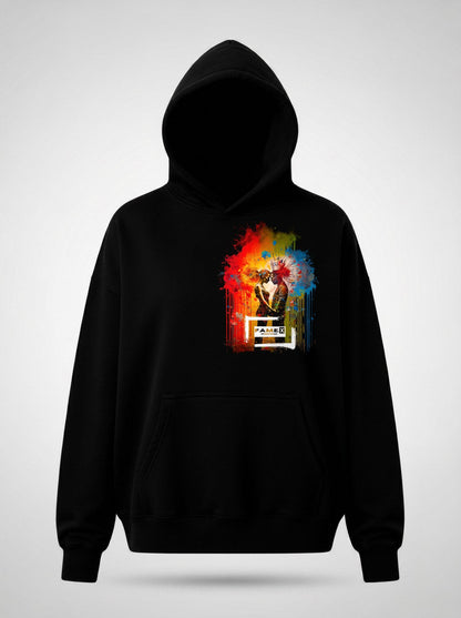 Blown Away pop art couple explosion hoodie front view, in black | F.A.M.E. X streetwear