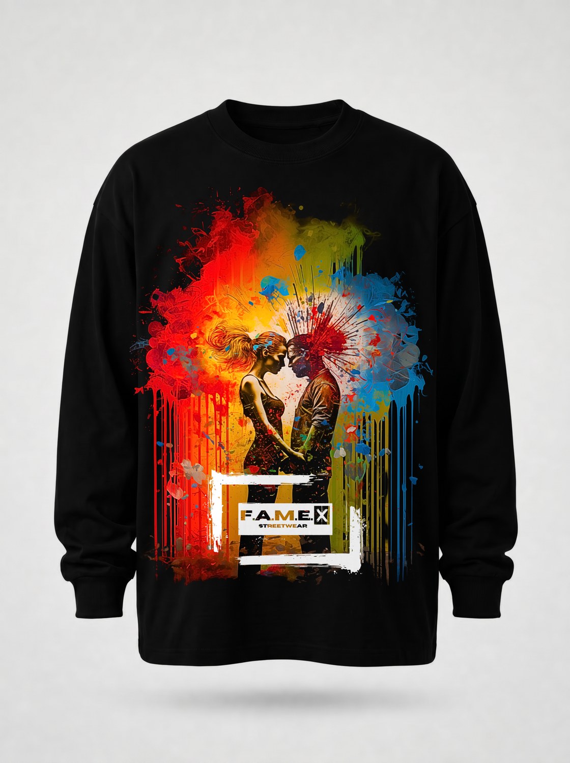 Blown Away pop art couple explosion long sleeve shirt in black | F.A.M.E. X streetwear
