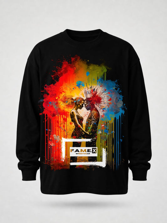 Blown Away pop art couple explosion long sleeve shirt in black | F.A.M.E. X streetwear