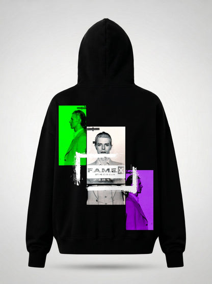 David Bowie 1976 mugshot parody art hoodie back print view, in black | F.A.M.E. X streetwear