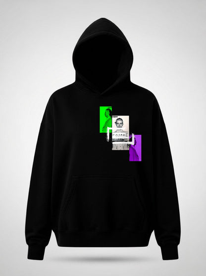 David Bowie 1976 mugshot parody art hoodie front view, in black | F.A.M.E. X streetwear