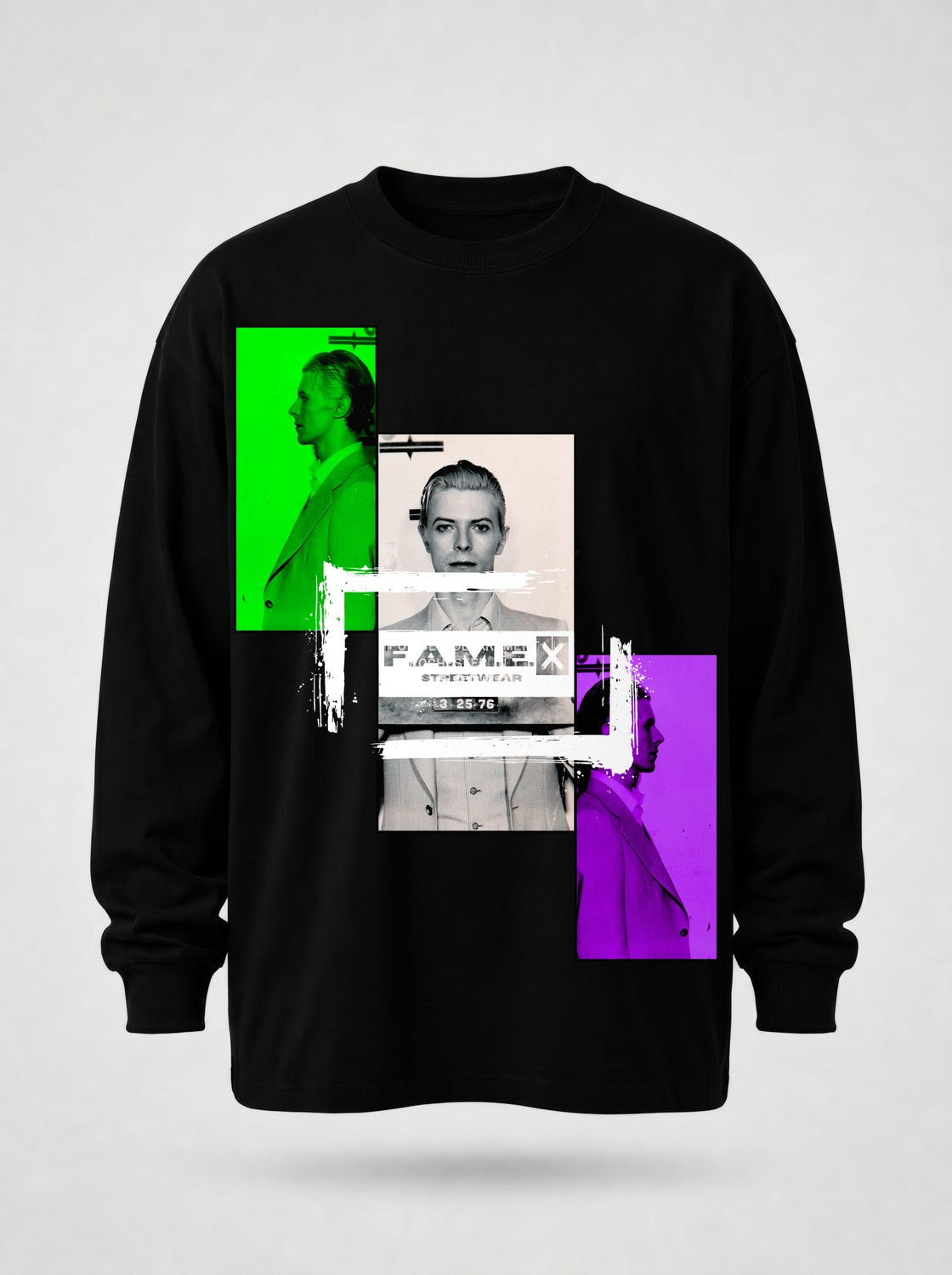 David Bowie 1976 mugshot parody art long sleeve shirt flat lay, in black | F.A.M.E. X streetwear