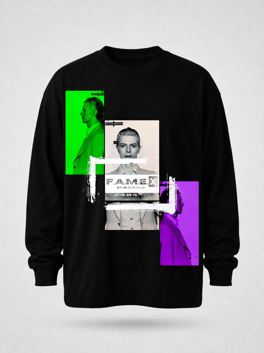 David Bowie 1976 mugshot parody art long sleeve shirt flat lay, in black | F.A.M.E. X streetwear