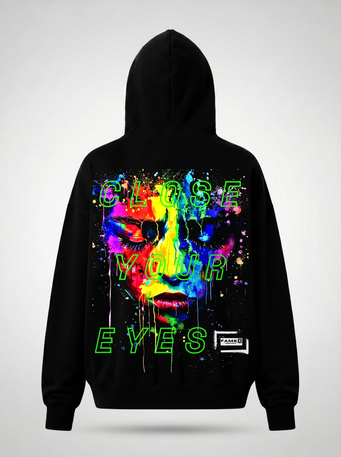 Close Your Eyes surreal pop art portrait hoodie back print view, in black | F.A.M.E. X streetwear