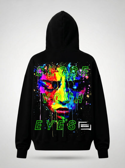 Close Your Eyes surreal pop art portrait hoodie back print view, in black | F.A.M.E. X streetwear