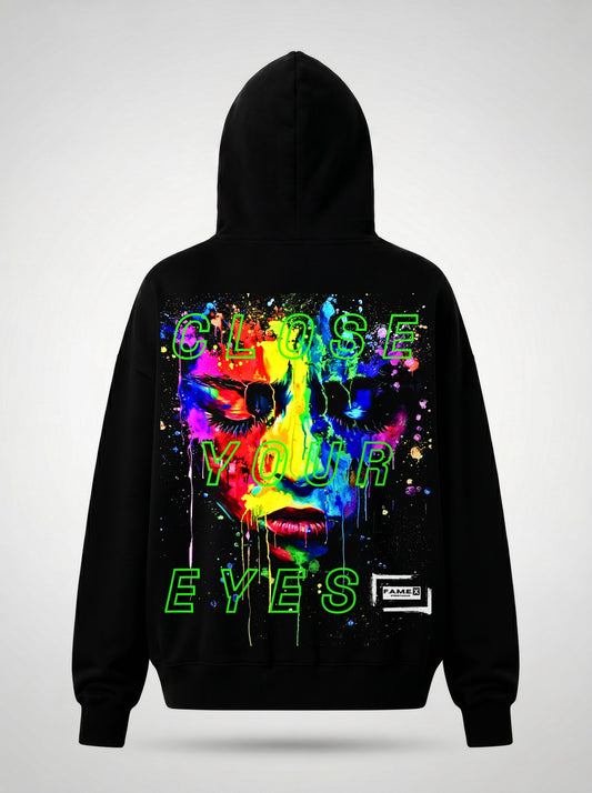 Close Your Eyes surreal pop art portrait hoodie back print view, in black | F.A.M.E. X streetwear