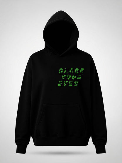 Close Your Eyes surreal pop art portrait hoodie front view, in black | F.A.M.E. X streetwear
