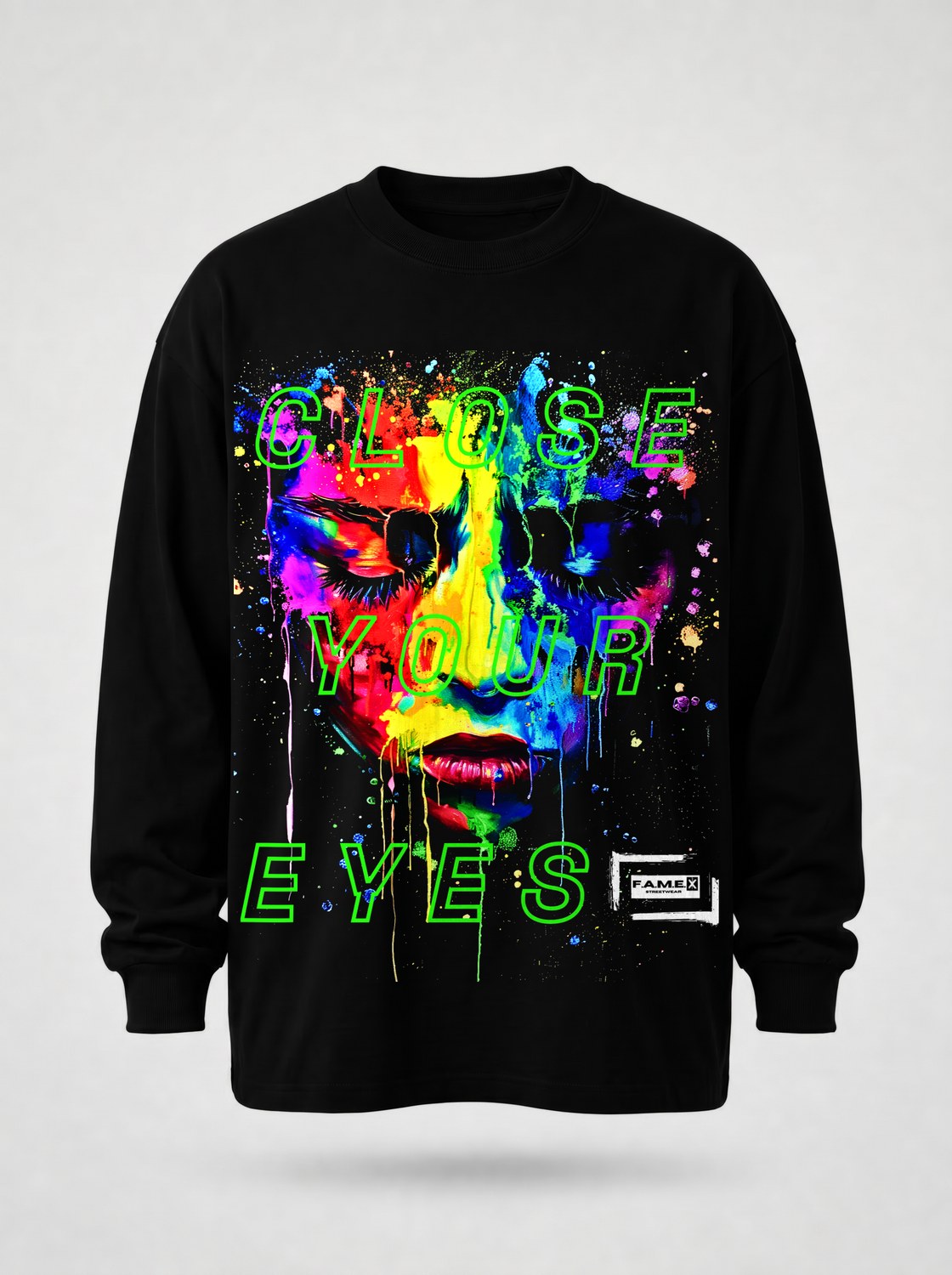 Close Your Eyes surreal pop art portrait long sleeve shirt in black | F.A.M.E. X streetwear